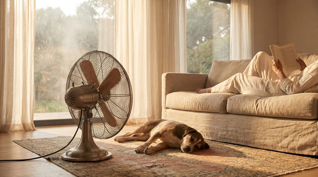 Person and dog cooling down with a misting fan inside a living room, finding relief from summer heat while relaxing