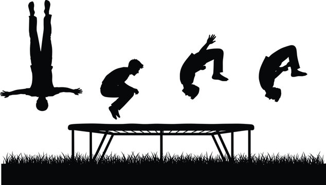 Silhouette of a boy jumping on a trampoline doing flips and acrobatic tricks over grass summer outdoor activity fun concept isolated vector illustration