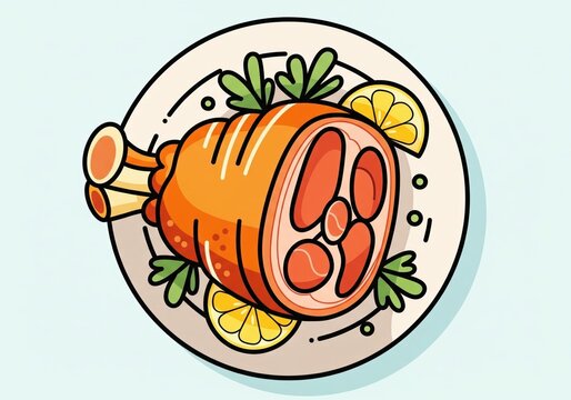Cartoon style roasted ham or pork on a plate with lemon and herbs
