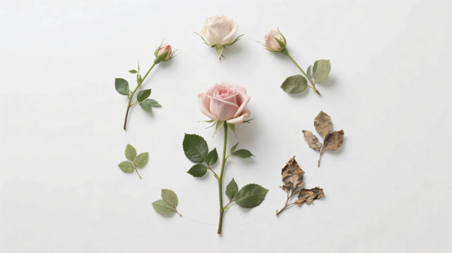 Botanical flatlay showing the life cycle of a rose, growth process from blooming to withering