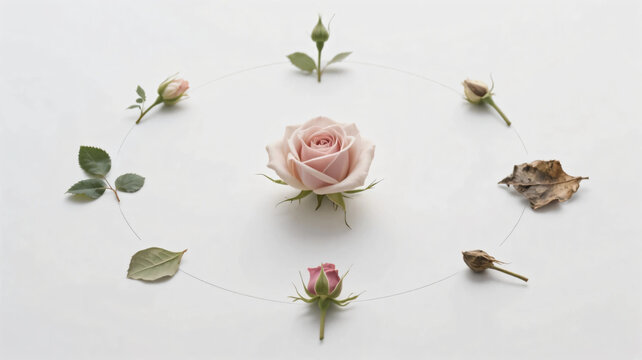 Botanical flatlay showing the life cycle of a rose, growth process from blooming to withering