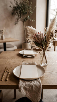 Boho restaurant table setting with blank menu card mockup on ceramic plate with gold cutlery and vase containing pink protea and pampas grass