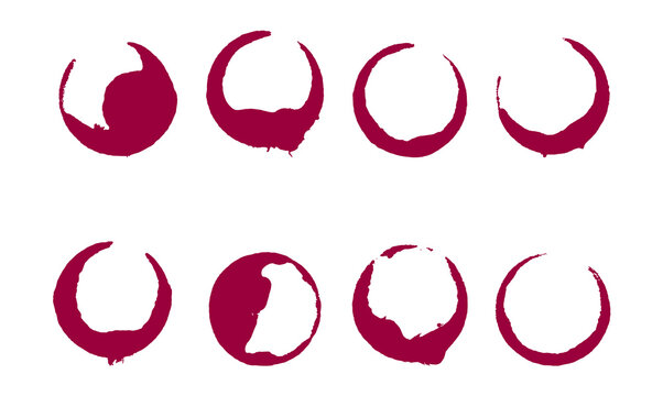 collection red wine glass stains featuring circular glass ring marks and splash effects, alcohol juice wine dirty print stained glass bottom logo sticker, decoration design 