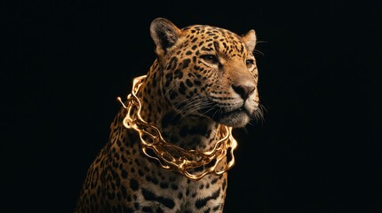 Naklejka premium Elegant wildlife portrait of a leopard adorned with a luxury gold chain, symbolizing power, prestige, and luxury fashion.