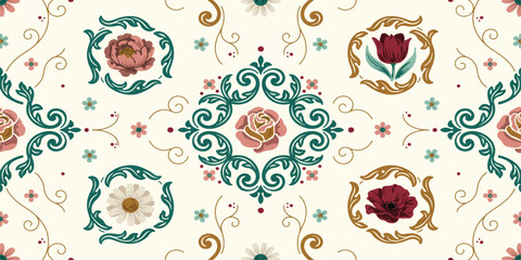 Set of Seamless floral paisley ornament pattern vintage vector wallpaper with flowers and decorative leaf design © Razu Ahmed Emran 2