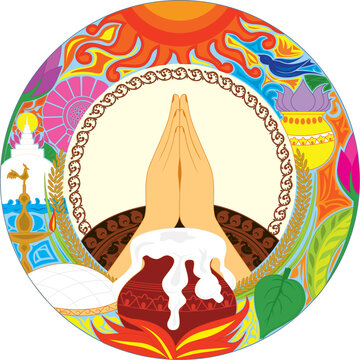 Traditional Sri Lankan Sinhala and Tamil New Year illustration with kiribath milk-rice pot, oil lamp, lotus flowers, paddy sheaves, betel leaves, greeting hands, and a radiant sun inside a colorful 