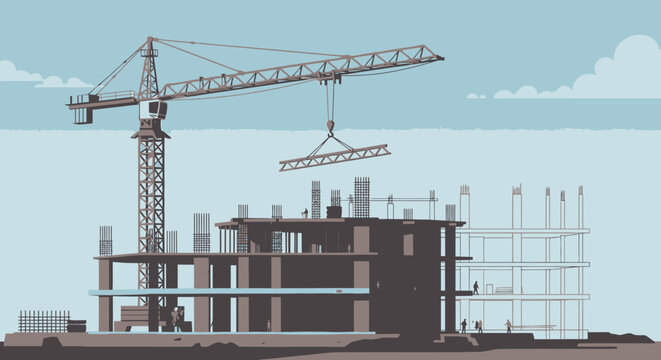Flat vector illustration of a construction site with a tower crane lifting a steel beam.