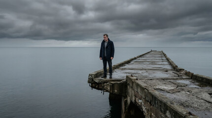 Fototapeta premium Solitary Man Standing on Weathered Concrete Pier over Calm Sea for Mood Concept