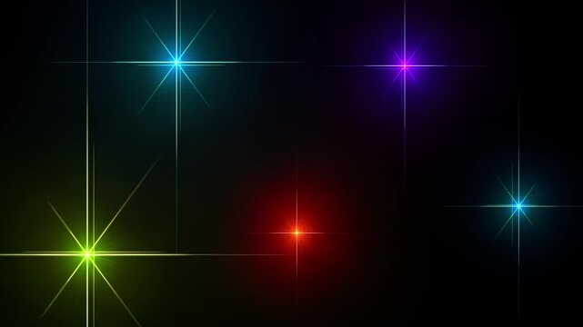 Vibrant Multi-colored Starburst Lens Flares Glowing Against A Dark Cosmic Background. Glowing Neon Pink, Green, Yellow, And Blue Optical Flares Pulse With Long Diffraction Spikes In A Festive, Sci-fi 