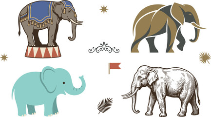 Elephant character vector illustration collection featuring retro circus elephant corporate golden logo design cute cartoon baby calf and vintage sketch drawing elements. © MdShakib