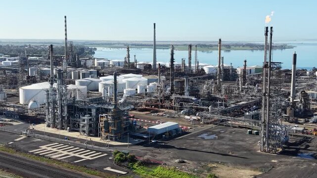 Aerial view of oil refinery plant and gas flaring stack