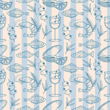 Coastal Mediterranean seamless pattern seafood and cocktails blue striped background, vector art