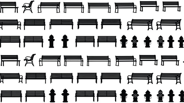 Urban Street Furniture Silhouette Vector Set &ndash; Lamps, Benches and Traffic Signals in Black Side View