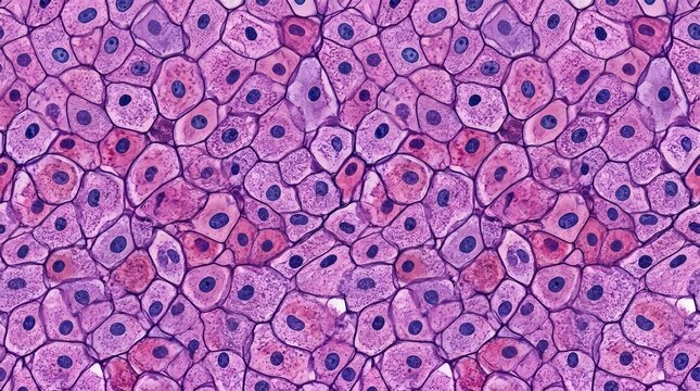 Microscopic view of pink human cell tissue structure with nuclei, seamless biological pattern of squamous epithelial cells