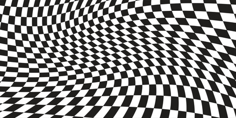 Obraz premium Abstract black and white checkered background with a wavy optical illusion warp effect, ideal for racing flags, modern patterns, and trippy geometric designs.