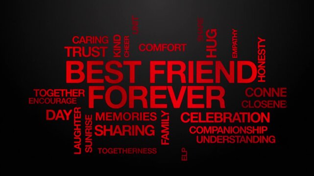 Best friend forever BFF concept Animated Tag Word Cloud kinetic typography, Text Design Animation typography seamless loop video motion graphics Intro Wordart arrangement red type on black backdrop