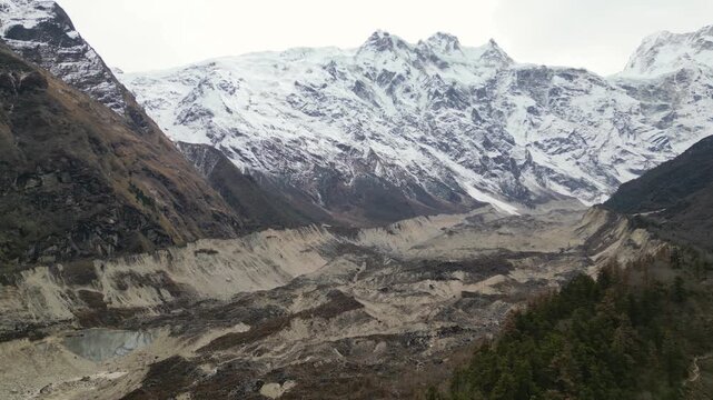 Aerial View of Ancient Glacier Moraine and Snow Covered Peaks on the Route to Himal Chuli Base Camp in the Manaslu Region of Nepal