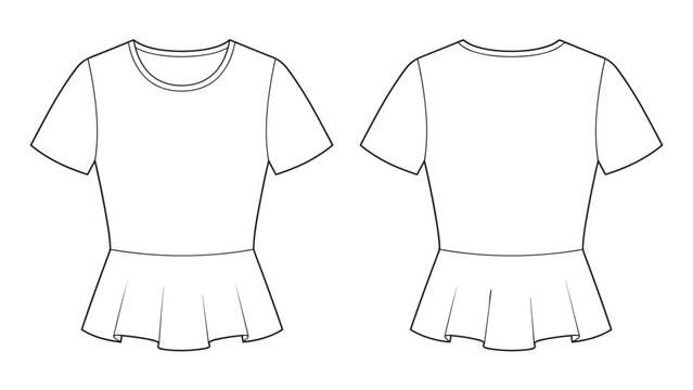 Women's Peplum hem Crew neck short sleeve Top flat sketch fashion illustration drawing template mock up with front and back view