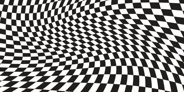 Abstract black and white checkered background with a wavy optical illusion warp effect, ideal for racing flags, modern patterns, and trippy geometric designs.