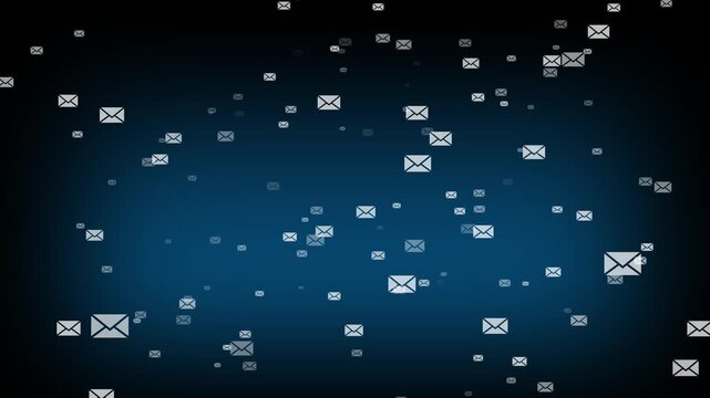 Digital email communication concept animation with white envelope icons floating and flying on a dark blue gradient background for internet message backdrop