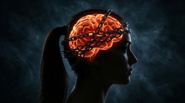 Female silhouette with a chained brain - Concept of mental block.