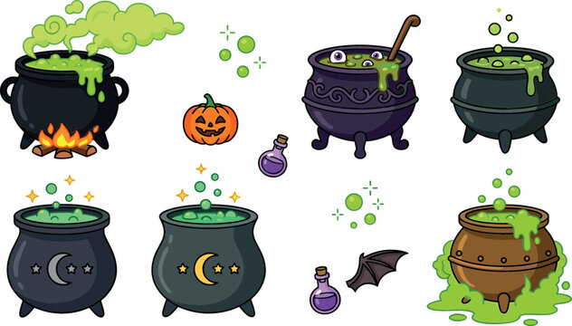 Halloween witch cauldron vector illustration set featuring bubbling cauldrons with green toxic poison magic potion pumpkin potion bottles and bat wing elements.