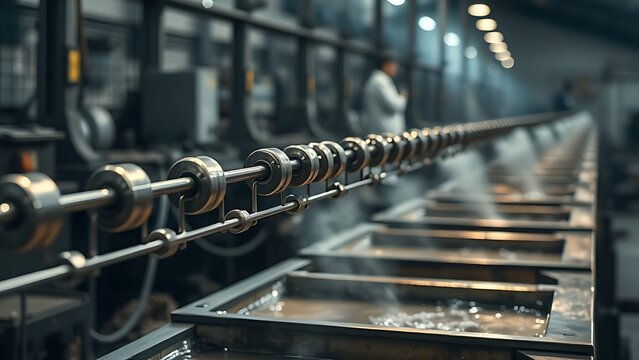 electroplating. Electroplating workshop with cathode rods moving over chemical baths. safety posters, maintenance manuals, designed for industrial assembly lines and welding operations.