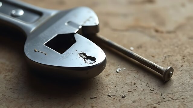 misuse. Wrench with a dented jaw resting beside a bent nail on a wooden surface under soft side lighting. safety posters.