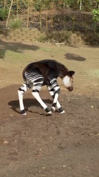 Cute Okapi calf walking and jumping in a zoo enclosure
