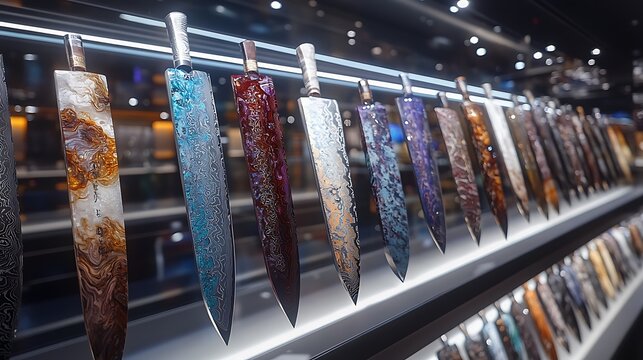 Damascus Steel Knives Collection in Shop Display.