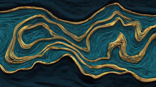Textured background features winding lines of metallic gold threaded through dense cyan fiber against a dark backdrop