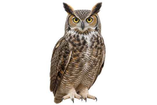 A majestic great horned owl stands alert with piercing yellow eyes against a stark white background