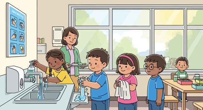 Group of Elementary School Children Learning Proper Hand Hygiene Practices in a Classroom Setting