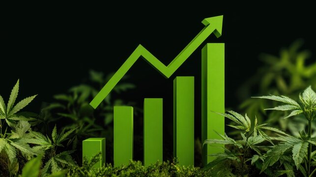 Three dimensional green bar chart with an upward trending arrow rises above lush green foliage