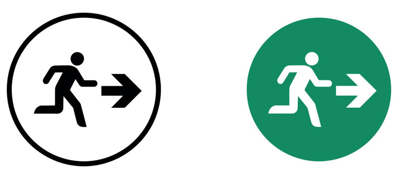 Emergency exit signs with running man icon pointing right for safety and evacuation guidance.