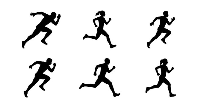 Running silhouette set of male and female athletes, black sprinter icons in motion, 6 vector elements for sports and fitness branding