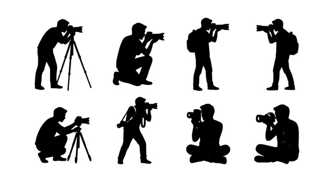 Photographer silhouette set with 8 vector elements, professional cameraman figures with tripods and DSLR cameras, photography hobbyist icons