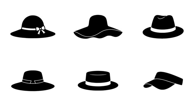 Vintage lady hat silhouette collection, set of 6 black female headwear icons, elegant summer sun hats and classic fedora vector graphics