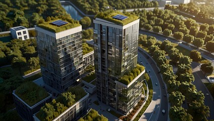 Fototapeta premium Aerial view of modern eco-friendly city buildings with green roofs and solar panels in a sustainable urban landscape.