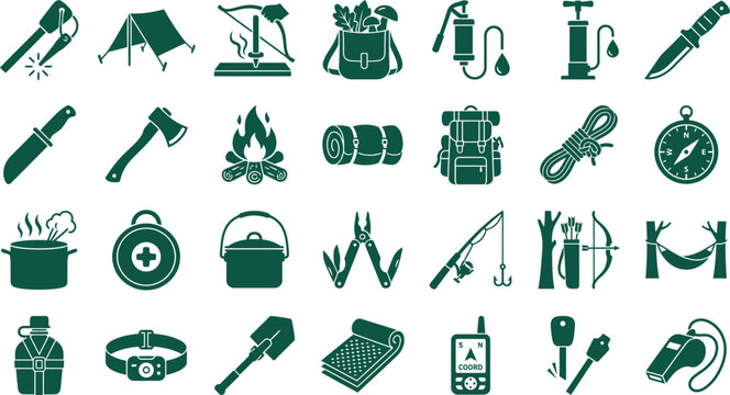 Bushcraft off grid wilderness survival line graphics bundle of ten simple elements including ferro rods tarp shelters hand drills forage bags