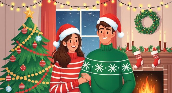 A couple wearing christmas sweaters standing in a decorated living room illustration