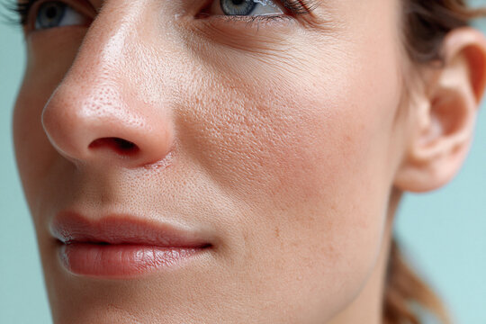 Light clogged pores nose pore texture close up skin macro female face with visible pores and natural complexion showing slight redness and soft expression