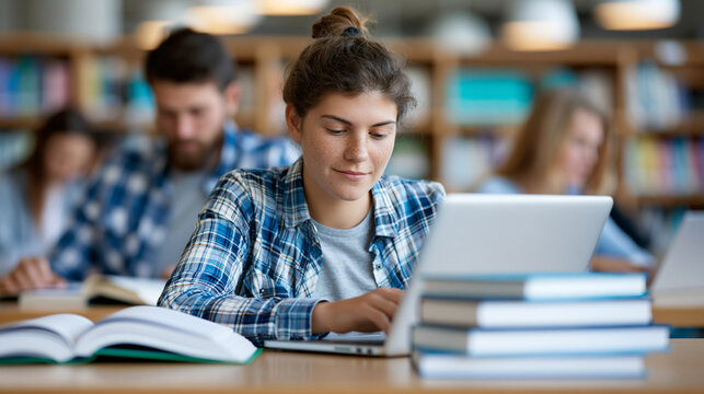 Anonymous mixed group of students studying in a library with books and laptops, academic collaboration and campus life concept, faceless, defocused, with copy space