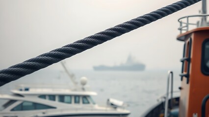 Fototapeta premium towline. A taut black towline connects a tugboat to a distant ship in morning mist. mobility guides, transit brochures, designed for mobility and urban transit guides, used by bi analysts.