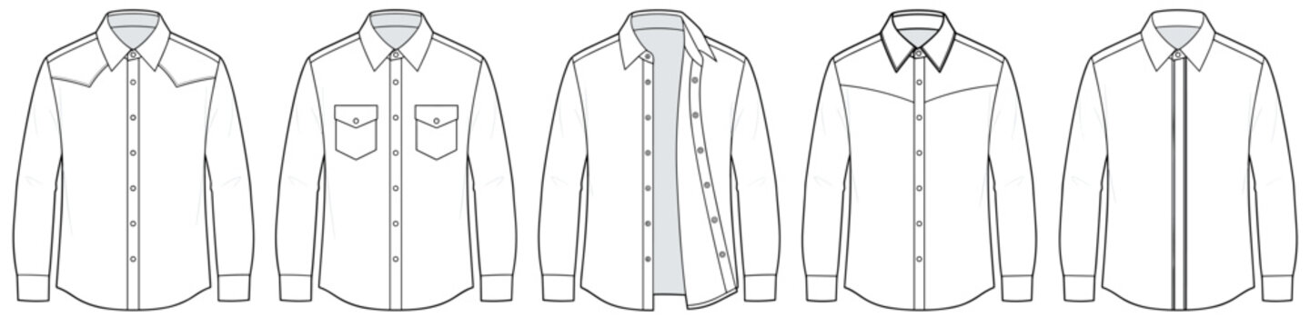 flat sketch set of mens western yoke and utility long sleeve shirts vector illustration