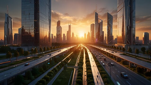 Futuristic city skyline at sunset with modern skyscrapers and multi-lane highway. Urban infrastructure and technology concept.