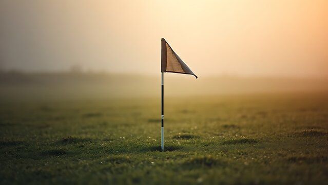 flagstick. Single golf flagstick in morning fog with triangular flag moving on dewy grass. event key visuals, club posters, designed for fitness apps and gym onboarding, used by sports marketers.