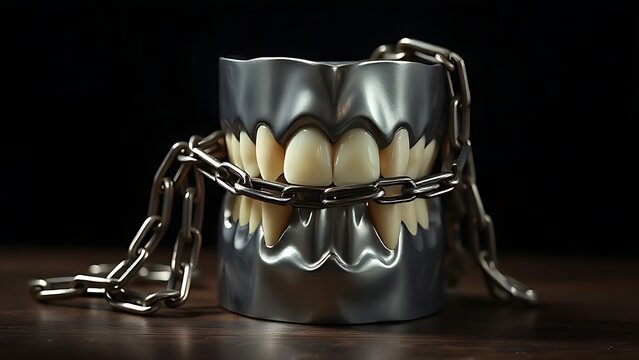 constrained. Metal dental model wrapped in heavy chains, symbolic representation of constrained movement on dark background. wellbeing guides.