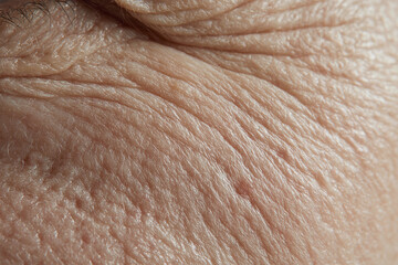 Fototapeta premium Closeup macro of aged facial skin showing fine wrinkles and texture, early aging signs and natural pore detail captured with soft lighting