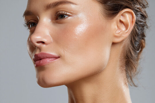 Glowing close up of smooth luminous chin and jawline with dewy skin and subtle makeup, highlighting texture, healthy glow and facial contour